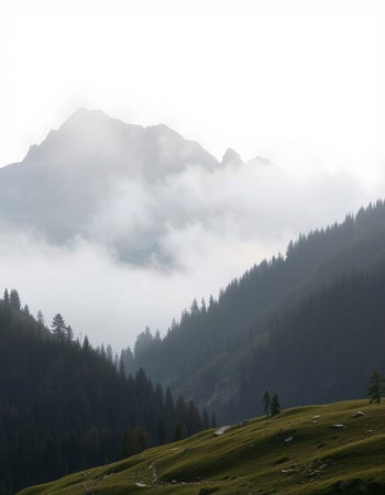 Foggy morning in the Dolomites mountains, Italy.