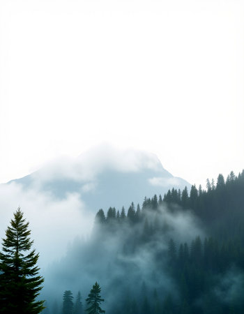 Mountain landscape with coniferous forest and fog in the morning