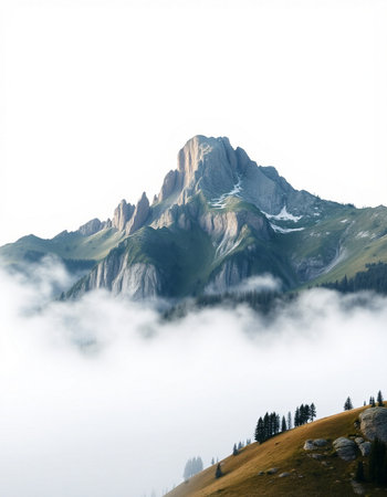 Landscape of Dolomites mountains in Italy with fog and clouds