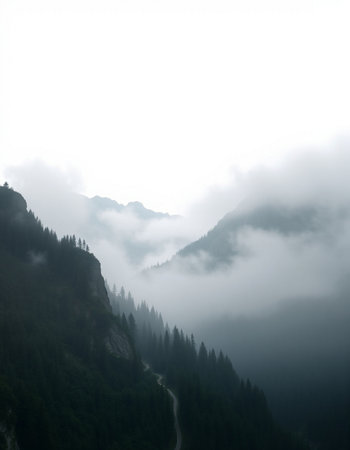 Foggy mountain landscape with coniferous forest in the foregroundの写真素材