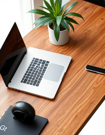 Laptop on a wooden table with a smartphone and a plant.の写真素材