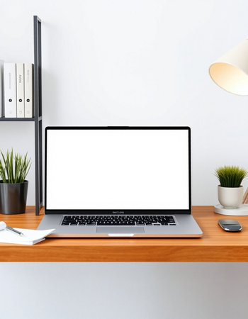 Modern workspace with blank screen laptop, coffee cup and other items on wooden table