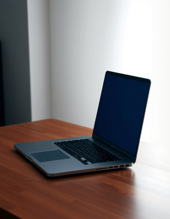 Laptop on the table with shadow on the wall, stock photoの写真素材
