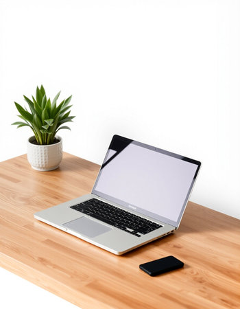 Laptop with blank screen on wooden table and white wall background.