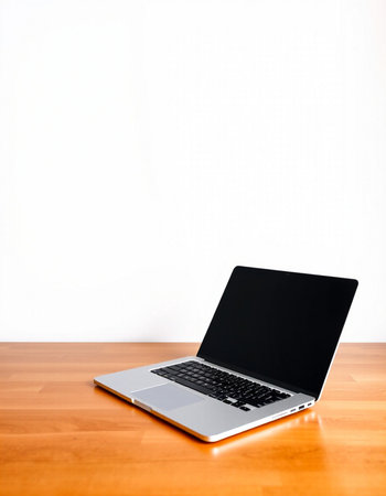 Laptop on wooden table with white wall background, stock photo image