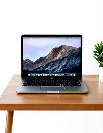 Laptop on a wooden table with a white wall in the background