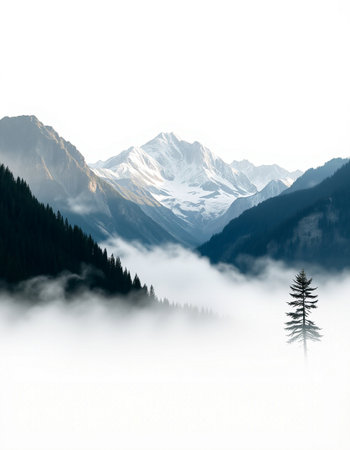 Mountain landscape with a pine tree on a foggy morning.