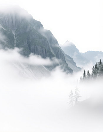 Foggy mountain landscape with coniferous forest on a foggy dayの写真素材