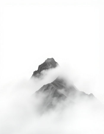 Mountain peak in the clouds, isolated on a white background.の写真素材