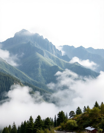 Mountain landscape with clouds and fog in Dolomites, Italy
