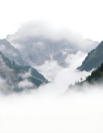 Mountain landscape with fog in the italian dolomitesの写真素材