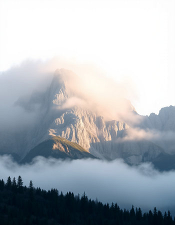 Mountain landscape with clouds and fog. Dolomites, Italyの写真素材