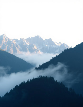 Mountain landscape with fog and clouds. Caucasus Mountains, Georgia.