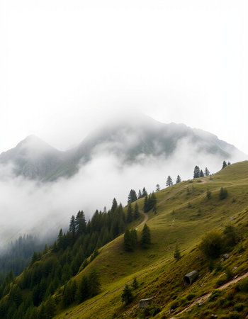 Mountain landscape with fog and clouds.