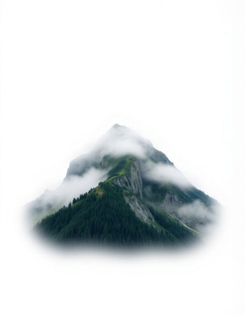 Mountain peak in the clouds, isolated on a white background.の写真素材
