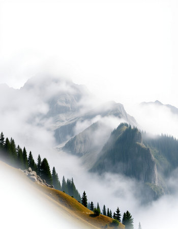 Mountain landscape with fog and clouds in the italian alps