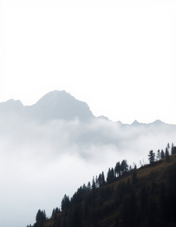 Mountain landscape with fog and coniferous forest on the slope