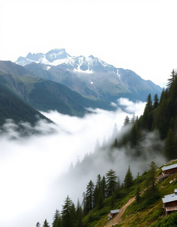 Foggy morning in Caucasus mountains, Georgia, region Gudauri.