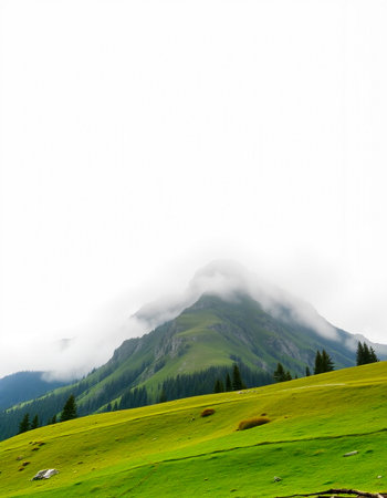 Mountain landscape with green meadow and clouds in the sky.