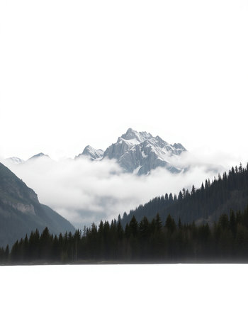 Mountain lake with snow and fog on the background of the mountains