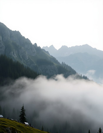 Foggy morning in the Dolomites mountains, Italy.