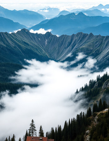 Mountain landscape with fog and clouds in the morning.