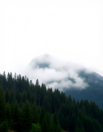 Mountain landscape with coniferous forest and fog in the morning