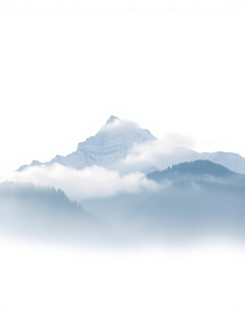 Mountains in the fog. Winter landscape with snow covered peaks.
