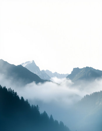 Beautiful mountain landscape with foggy valley. Caucasus Mountains, Georgia.