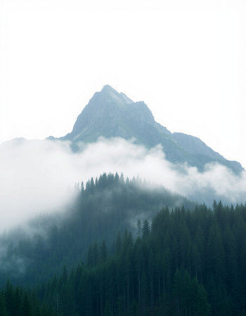 Foggy mountain landscape with a pine forest in the foreground.