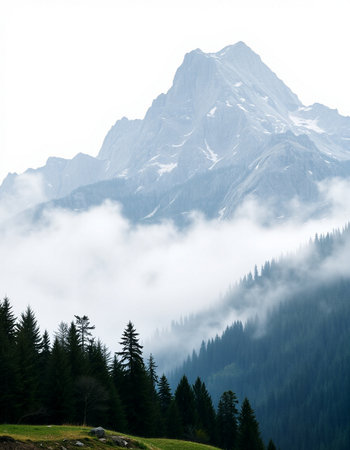 Mountain landscape with fog and coniferous forest in the foreground