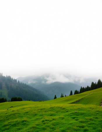 Mountain landscape with green meadow and cloudy sky in the backgroundの写真素材