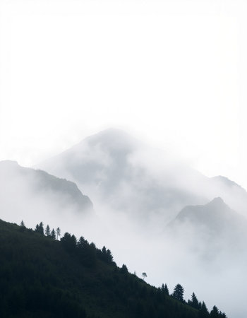 Mountain landscape with fog and clouds in the morning. Caucasus Mountains, Georgia.