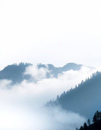 Foggy morning in the mountains with silhouettes of pine treesの写真素材