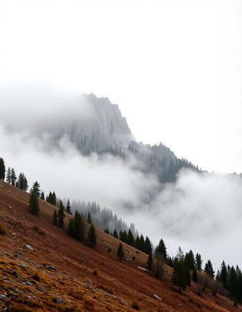 Mountain landscape with fog and clouds in the italian alpsの写真素材