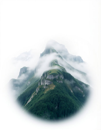 Mountain landscape with fog and clouds. Caucasus Mountains, Georgia.の写真素材
