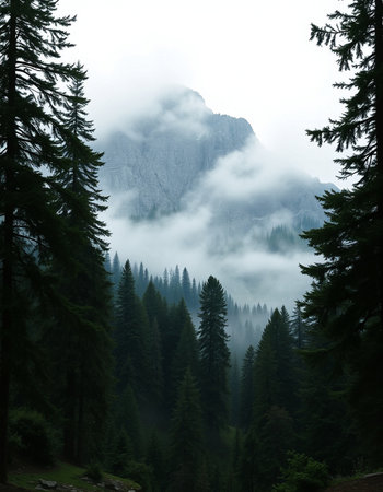 Mountain landscape with coniferous forest and fog in the morning