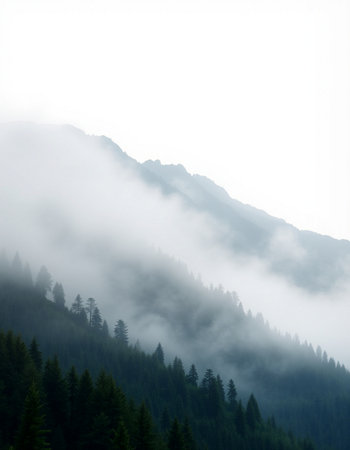 Foggy mountain landscape with coniferous forest in the foreground