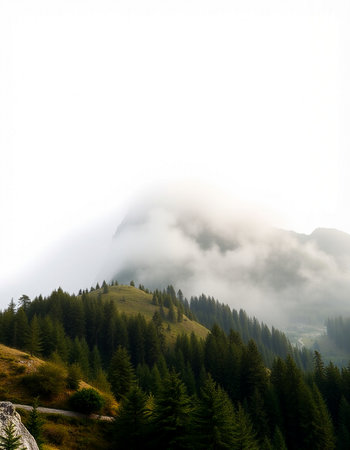 Mountain landscape with coniferous forest and fog in the morning