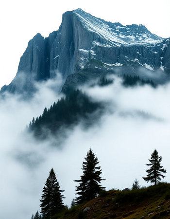 Mountain landscape with fog in the morning.