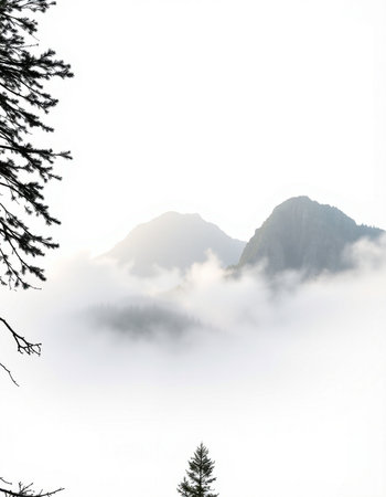 Mountain landscape with fog in the foreground and pine trees in the background