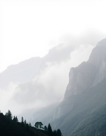 Foggy morning in the Dolomites mountains, Italy.の写真素材