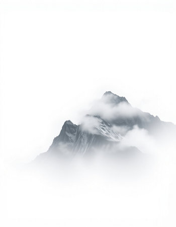 Mountain peak in the clouds. Isolated on white background.
