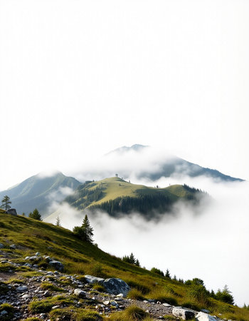 Mountain landscape with fog on the top of the mountain, Slovakiaの写真素材