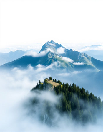 Mountain landscape with coniferous forest and foggy valley.の写真素材