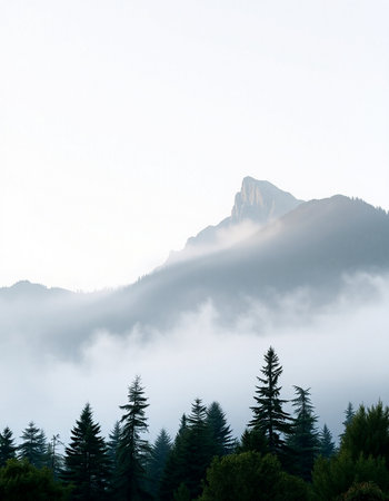 Mountain landscape with coniferous forest in foggy morning.の写真素材