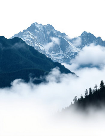 Mountain landscape with snow covered peaks and coniferous forest.の写真素材