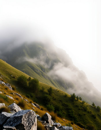 Beautiful mountain landscape with fog in Carpathian mountains, Ukraine