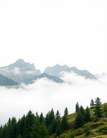 Mountain landscape with coniferous forest in the fog on a cloudy day