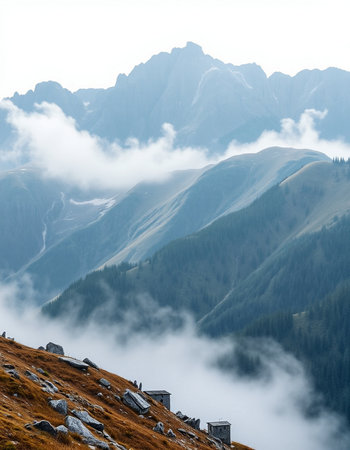 Mountain landscape in the clouds. Caucasus, Dombay.の写真素材